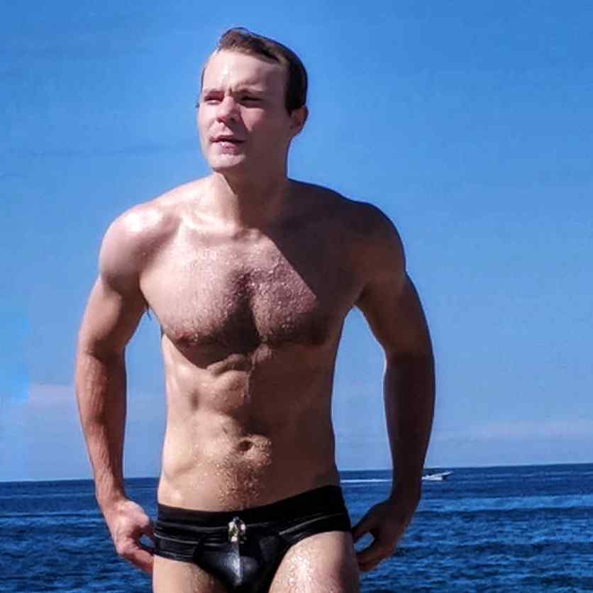 Jonathan Cottrell in a tuxedo speedo in Puerto Vallart, Mexico